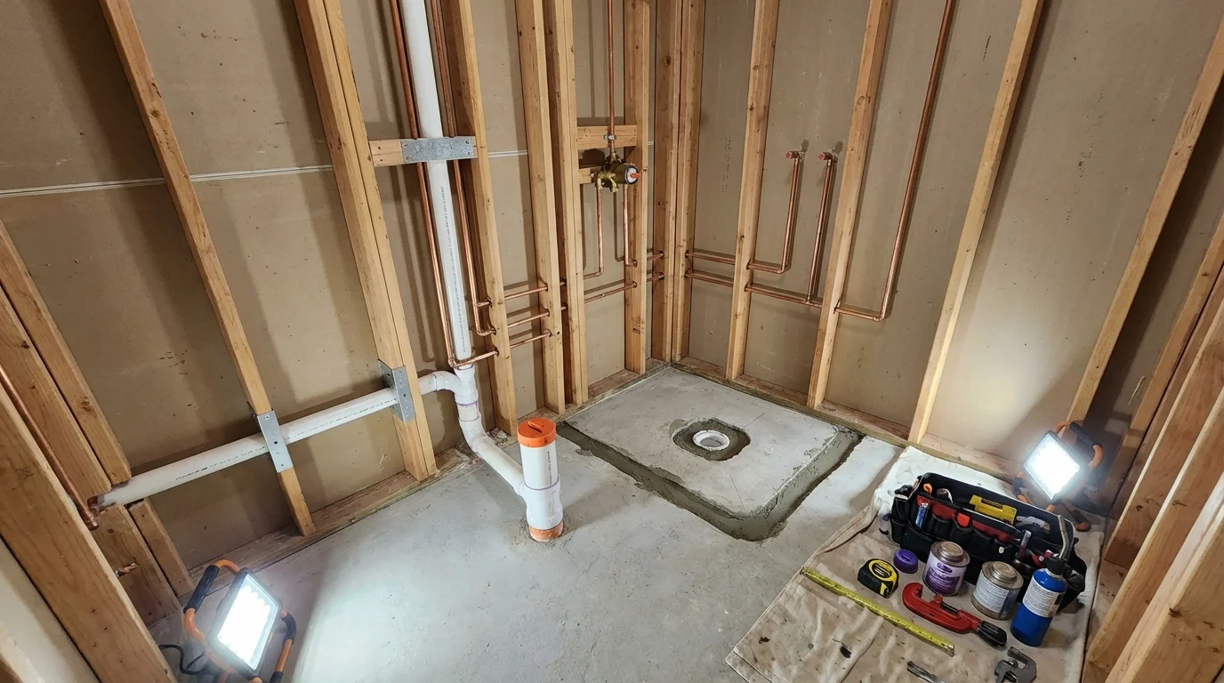 Bathroom rough-in plumbing during remodel by Johns Plumbing LLC in Swampscott