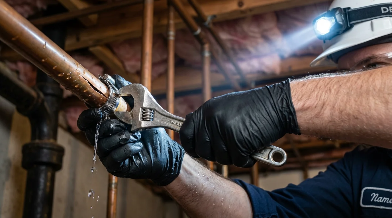 Emergency pipe clamp repair being performed by a Johns Plumbing LLC plumber in Swampscott