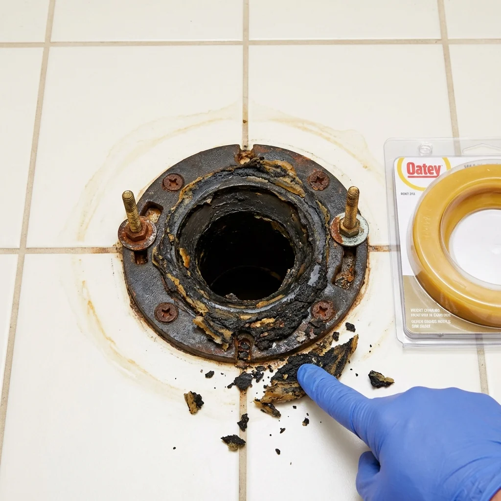 Failed wax ring showing water seepage at the base of a toilet in a Swampscott, MA home